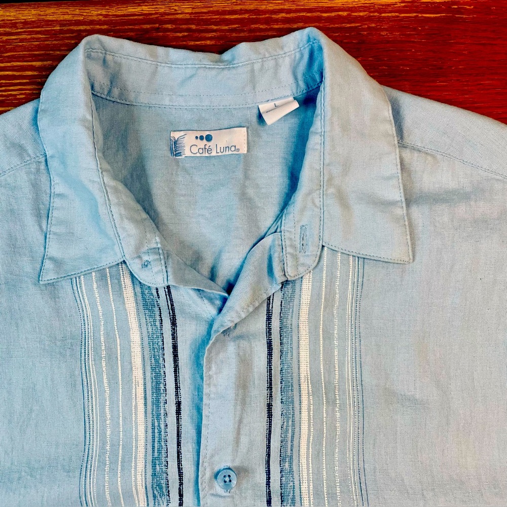 Cafe Luna Hawaiian Mens Shirt Large Linen Baby Blue Stripe Resortwear Rockabilly